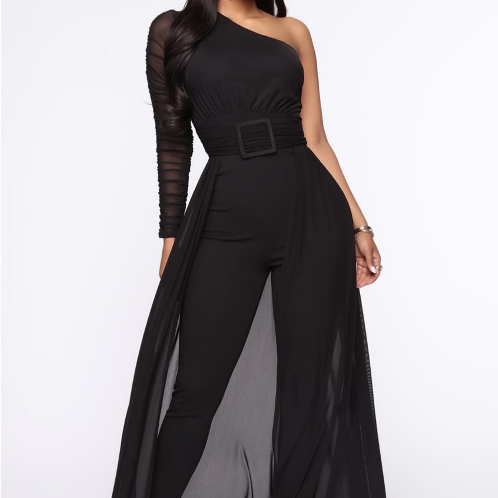 One Sleeve Black Jumpsuits With Overskirt